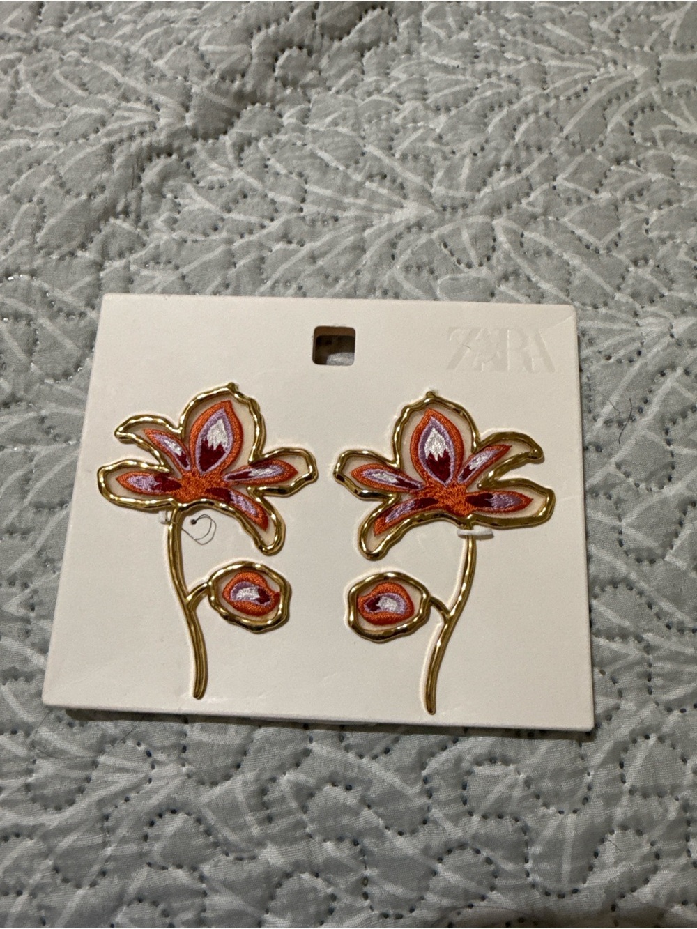 ZARA Gold-Trim Floral Drop Earrings with Pink and Orange Embroidery